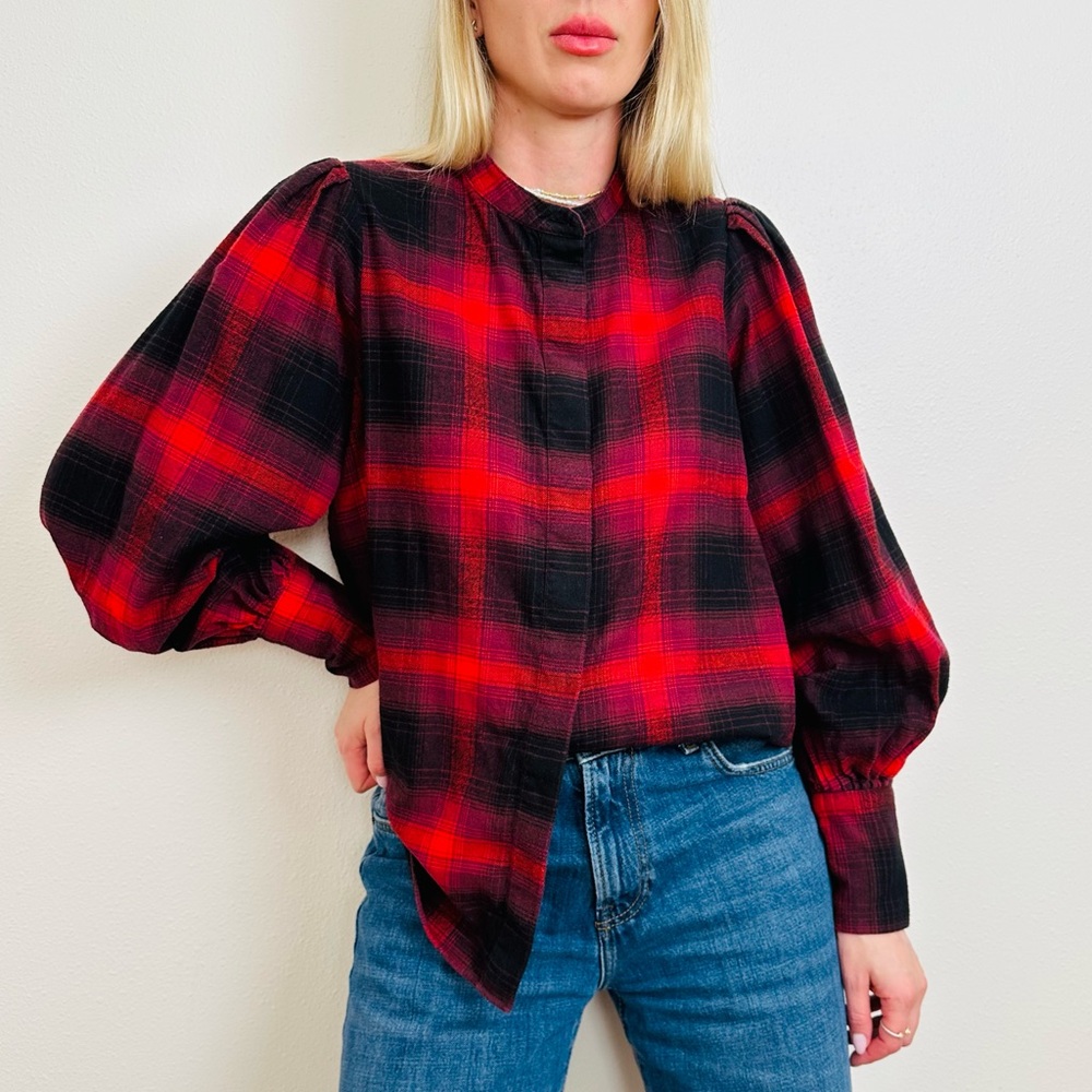 Banana Republic Organic Cotton Flannel Bishop Sleeve Plaid Button Down Shit